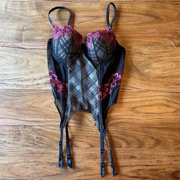 Victoria's Secret Floral Appliqué 6 Bones Padded 4 Strap Merry Widow 34B - Picture 1 of 6